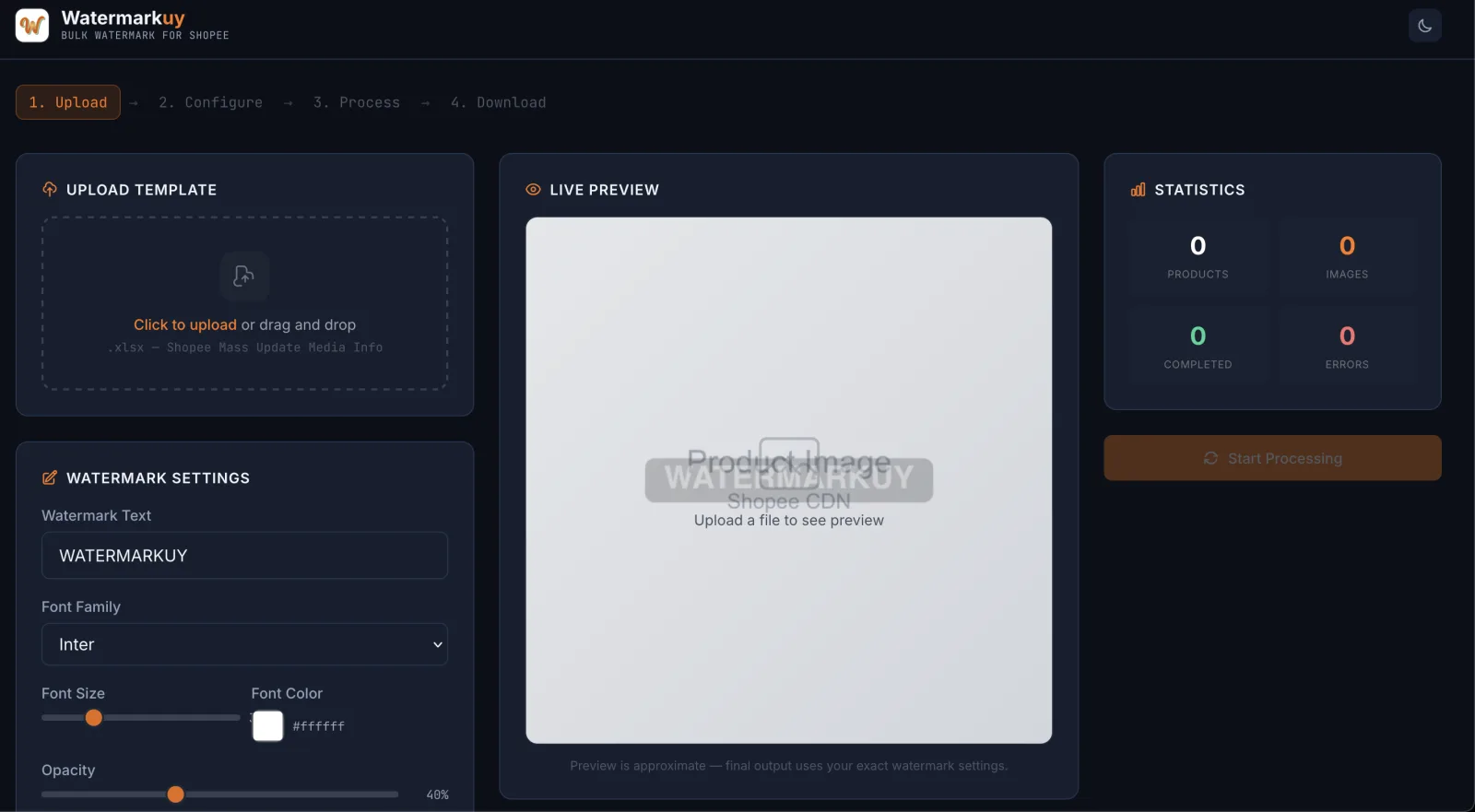 Dashboard Watermarkuy — watermark massal foto produk Shopee gratis tanpa daftar